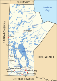 A map of Manitoba showing major cities and lakes