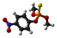 Ball-and-stick model of the methyl parathion molecule