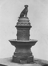 A structure with a drinking fountain halfway up and a dog sitting at the top. Some writing is visible on the structure but not legible.