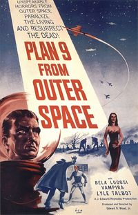 "PLAN 9 FROM OUTER SPACE" in large red letters adorns a beam from a night sky containing spacecraft and warplanes. The foreground has the head of a man in a bubble-headed red spacesuit, a caped vampire attacking a victim, a seductive vampiress, and gravediggers at work. Above the title is "UNSPEAKABLE HORRORS FROM OUTER SPACE PARALYZE THE LIVING AND RESURRECT THE DEAD!"; below are "BELA LUGOSI", "VAMPIRA", and "LYLE TALBOT".