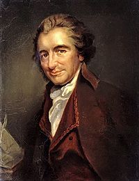 1/2 length portrait of Thomas Paine. He is turned towards the left and looking inquiringly out towards the viewer. He is wearing a dark red velvet jacket and a white shirt and there are papers next to him.