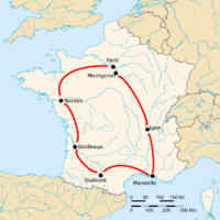 Map of France with the route of the 1903 Tour de France on it, showing that the race started in Paris, went clockwise through France and ended in Paris after six stages.