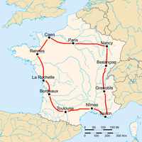 Map of France with the route of the 1905 Tour de France on it, showing that the race started in Paris, went clockwise through France and ended in Paris after eleven stages.