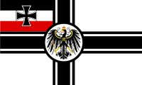 Flag with a white field and a black cross offset to the hoist and edged white and black. At the center of the cross is a white disc with the Prussian eagle. In the canton is a black-white-red flag with a black Iron Cross.