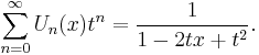 \sum_{n=0}^{\infty}U_n(x) t^n = \frac{1}{1-2 t x+t^2}. \,\!