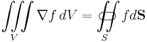 \iiint\limits_V \nabla f\, dV =\iint\limits_{S}\!\!\!\!\!\!\!\!\!\!\!\!\!\!\!\!\;\;\;\subset\!\supset{f}d \mathbf{S}