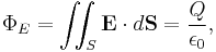 \Phi_E = \int \!\!\!\int_S \mathbf{E}\cdot d\mathbf{S} = {Q \over \epsilon_0},