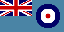 Sky blue flag with concentric circle RAF icon in right half and Union Flag as top-left quarter.