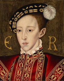 Formal portrait in the Elizabethan style of Edward in his early teens. He has a long pointed face with fine features, dark eyes and a small full mouth. In this portrait he looks thin and ill.