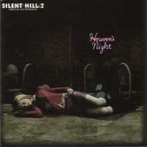 The cover of a soundtrack. At the top is the Silent Hill 2 logo followed by a picture of a blonde woman who is wearing a red jacket and a pink cheetah shirt with boots and lying down on a stage with chairs all around her and the words "Heaven's Night" on a wall.