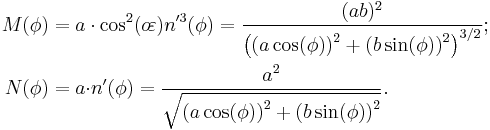 \begin{align}M(\phi)&=a\cdot\cos^2(o\!\varepsilon)n'^3(\phi)=\frac{(ab)^2}{\left(\left(a\cos(\phi)\right)^2+\left(b\sin(\phi)\right)^2\right)^{3/2}};\\
N(\phi)&=a{\cdot}n'(\phi)=\frac{a^2}{\sqrt{\left(a\cos(\phi)\right)^2+\left(b\sin(\phi)\right)^2}}.\end{align}\,\!