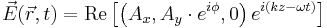  \vec{E}(\vec{r},t) = \mathrm{Re} \left[\left(A_{x}, A_{y}\cdot e^{i\phi}, 0 \right) e^{i(kz - \omega t)} \right] 