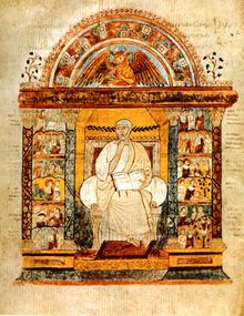 An illuminated manuscript illustration of a central seated figure holding an open book. He is flanked by two colonnades, which are filled with small scenes. Over the central figure is an arch with surmounts a winged bull.