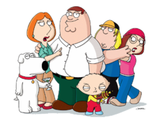 A group picture of a cartoon family, with a father, mother, son, daughter, baby and dog.