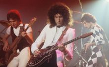 l-r: John Deacon, Brian May, and Freddie Mercury seen live in 1978