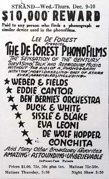 All-text advertisement from the Strand Theater, giving dates, times, and performers' names. At the top, a tagline reads, "$10,000 reward paid to any person who finds a phonograph or similar device used in the phonofilms." The accompanying promotional text describes the slate of sound pictures as "the sensation of the century�... Amazing! Astounding! Unbelievable".