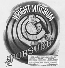 Black-and-white movie poster with an image of a young man and woman holding each other. They are surrounded by an abstract, whirlpool-like image; the central arc of the thick black line that define it encircles their head. Both are wearing white shirts and look forward with tense expressions; his right arm cradles her back, and in his hand he holds a revolver. The stars' names—Teresa Wright and Robert Mitchum—feature at the top of the whirlpool; the title and remainder of the credits are below.