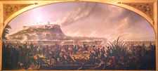 color painting of American soldiers and Marines attacking Chapultepec castle