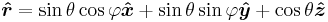 r-hat equals sin of theta times cosine of phi in the x-hat direction plus sine of theta times sine of phi in the y-hat direction plus cosine of theta in the z-hat direction