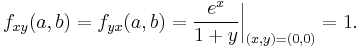 f_{xy}(a,b)=f_{yx}(a,b)=\frac{e^x}{1+y}\bigg|_{(x,y)=(0,0)}=1.