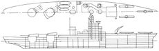 A line drawing of a ship with two stern gun turrets, both on the centerline, and catapults and a crane froward for aircraft