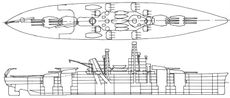 A line drawing of a ship with four gun turrets—two mounted each fore and aft—a large superstructure with two high masts, and a catapult over the third turret.