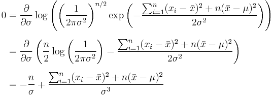 
\begin{align}
0 & = \frac{\partial}{\partial \sigma} \log \left( \left( \frac{1}{2\pi\sigma^2} \right)^{n/2} \exp\left(-\frac{ \sum_{i=1}^{n}(x_i-\bar{x})^2+n(\bar{x}-\mu)^2}{2\sigma^2}\right) \right) \\[6pt]
& = \frac{\partial}{\partial \sigma} \left( \frac{n}{2}\log\left( \frac{1}{2\pi\sigma^2} \right) - \frac{ \sum_{i=1}^{n}(x_i-\bar{x})^2+n(\bar{x}-\mu)^2}{2\sigma^2} \right) \\[6pt]
& = -\frac{n}{\sigma} + \frac{ \sum_{i=1}^{n}(x_i-\bar{x})^2+n(\bar{x}-\mu)^2}{\sigma^3}
\end{align}
