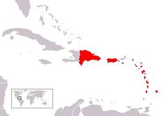 A map showing most of the Lesser Antillies in red. Puerto Rico and Dominican Republic is also red.