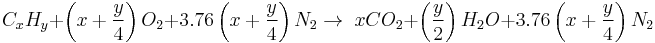 C_xH_y + \left( x+ \frac{y}{4} \right) O_2 + 3.76 \left( x+ \frac{y}{4} \right) N_2 \rightarrow \; xCO_2 + \left( \frac{y}{2} \right) H_2O + 3.76 \left( x + \frac{y}{4} \right) N_2