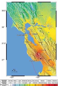 A map showing the earthquake's epicenter in California's Santa Cruz Mountains, and the various levels of earthquake shaking intensity felt in the surrounding region.