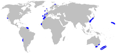 World map with blue shading in scattered spots around and in the middle of the Atlantic, and at isolated spots in the Pacific from Japan to Australia to California