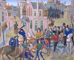 Picture from an illuminated manuscript showing a townscape with a group of horsemen, some wielding swords and one man driving a sword through the head of a prostrate man. In the background there are an army of armoured soldiers.