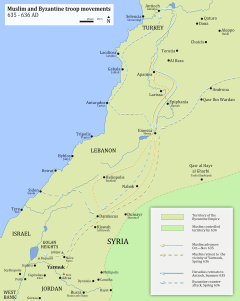 A map with Muslim-Roman troop movements from September 365 to just before the event of the Battle of Yarmouk