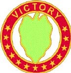 A hollow red circle with stars and the word "Victory", inside a green leaf