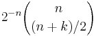 2^{-n}{n\choose (n+k)/2}