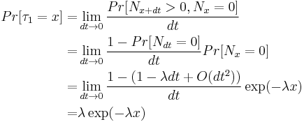 
\begin{align}
Pr[\tau_1=x]=&\lim_{dt\to 0}\frac{Pr[N_{x+dt}>0,N_x=0]}{dt}\\
=&\lim_{dt\to 0}\frac{1-Pr[N_{dt}=0]}{dt}Pr[N_x=0]\\
=&\lim_{dt\to 0}\frac{1-(1-\lambda dt +O(dt^2))}{dt}\exp(-\lambda x)\\
=&\lambda\exp(-\lambda x)
\end{align}
