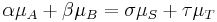  \alpha \mu_A + \beta \mu_B = \sigma \mu_S + \tau \mu_T \,