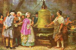 A painting in which a man in working clothes shows off the Liberty Bell to a number of well-dressed people, who are conferring.  A woman prepares to tap the bell with a hammer.