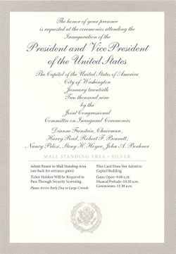 Silver-bordered ticket with silver cursive lettering to the inauguration of Barack Obama for the National Mall standing area with a silver presidential seal on the bottom.