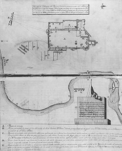 A manuscript map with a diagram of the Alamo complex. Mexican artillery are shown positioned at the northwest, southwest, and south, with their projected trajectory reaching all of the north, west, and south walls.