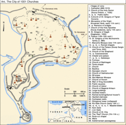 Two rivers surround the V-shaped city. Churches and other surviving buildings are noted on the map as places of interest.