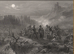 A black and white lithograph of a battle scene in which several men stand on a cliff, looking at a piece of paper. In the intermediate ground, several small boats carry soldiers. In the distance, steep mountains surround a small village on three sides, and a moon shines through the clouds.