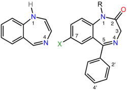 On the left is the chemical structure of the parent benzodiazepine ring system, which consists of a seven membered ring containing two nitrogen atoms fused to a six membered ring. The two nitrogen atoms are labeled one and four. On the right is the chemical structure of a pharmacologically active benzodiazepine in which alkyl, phenyl, and halogen groups are attached to the one, five, and seven positions respectively and the carbon atom at position two is double bonded to an exocyclic oxygen atom. The ortho and para positions of the phenyl substituent are labeled two-prime and 4-prime respectively.