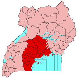 Buganda is shaded red on this map, Kayunga hatched