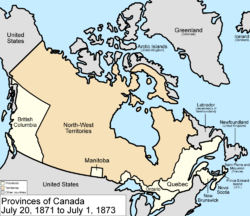 Map of the country of Canada on July 20, 1871, depicting the postage stamp sized province of Manitoba along with the provinces of Ontario (southern portion only), Quebec, New Brunswick, British Columbia and Nova Scotia in the colour white Northwest Territories which comprises the lands draining into Hudson Bay and are depicted in the colour pink. The area called Newfoundland, Labrador, Alaska, and the northerly Islands are depicted in bluish grey colour, and are not a part of Canada.