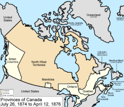 Map of the country of Canada on July 26, 1874, depicting the postage stamp sized province of Manitoba along with the provinces of Ontario northern border extended to the 51st parallel north, Prince Edward Island, Quebec (southern portion only), New Brunswick, British Columbia and Nova Scotia in the colour white. North-West Territories are depicted in the colour pink.  The area called Newfoundland, Labrador, Alaska, and the northerly Islands are depicted in bluish grey colour, and are not a part of Canada.