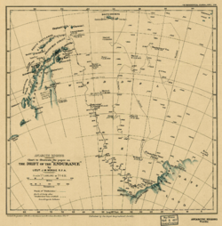  Old chart showing incomplete Antarctia coastline. The chart indicates the line of Endurance's 1915 drift, also the earlier drift of Filchner's Deutschland and  the line of James Weddell's 1823 voyage