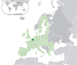 Location of �Belgium��(dark green)–�on the European continent��(light green &�dark grey)–�in the European Union��(light green)� —� [Legend]