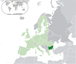 Location of �Bulgaria��(green)–�on the European continent��(light green &�grey)–�in the European Union��(light green)� —� [Legend]