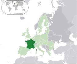 Location of �Metropolitan France��(dark green)–�on the European continent��(light green &�dark grey)–�in the European Union��(light green)� —� [Legend]